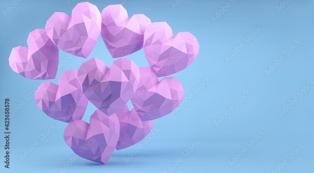 Lots of pink hearts in the form of crystals on a blue background, 3 d render