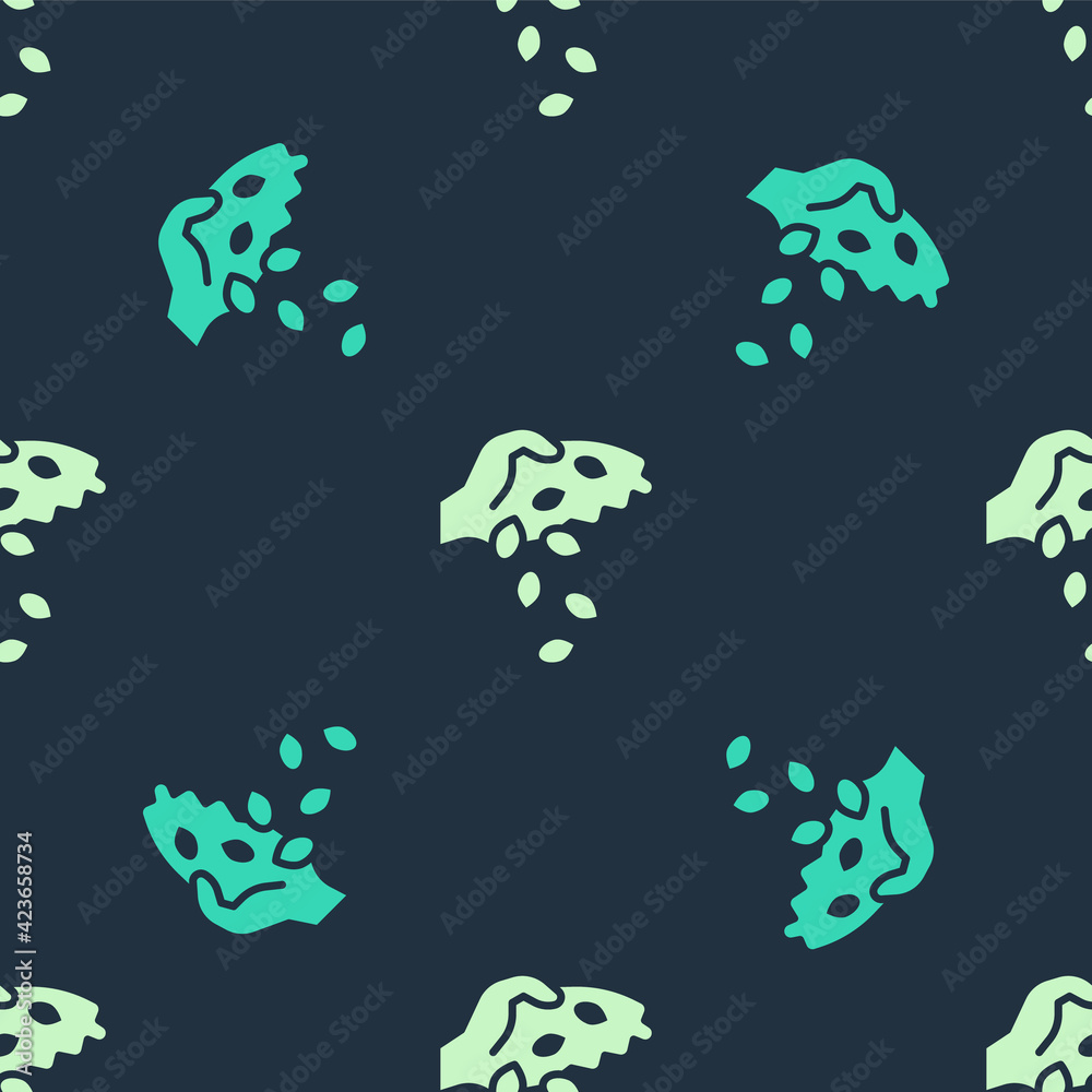 Green and beige Seeds of a specific plant icon isolated seamless pattern on blue background. Vector
