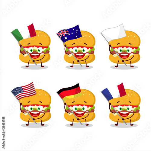 Cheeseburger cartoon character bring the flags of various countries