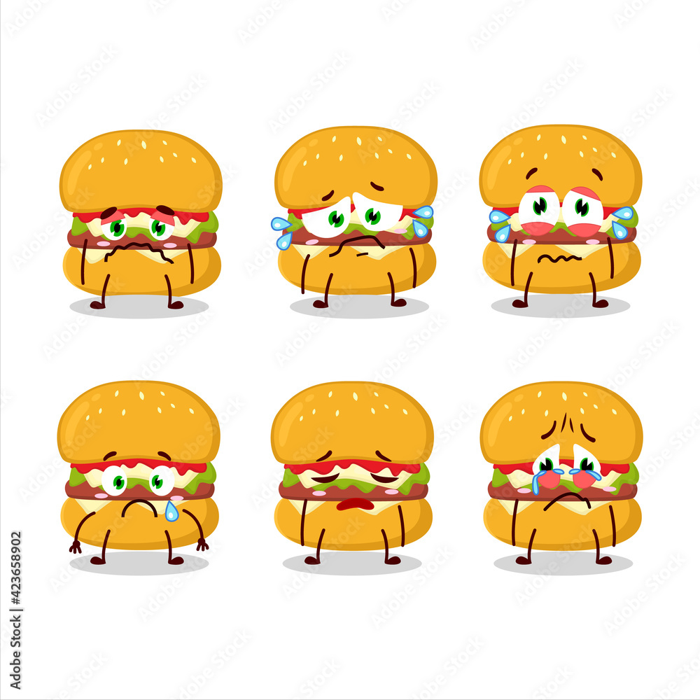 Cheeseburger cartoon in character with sad expression