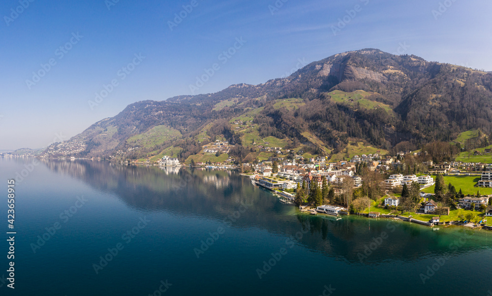Stunning view of the coast of lake Lucerne and Vitznau village in Canton Lucerne in Switzerland