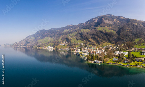 Stunning view of the coast of lake Lucerne and Vitznau village in Canton Lucerne in Switzerland