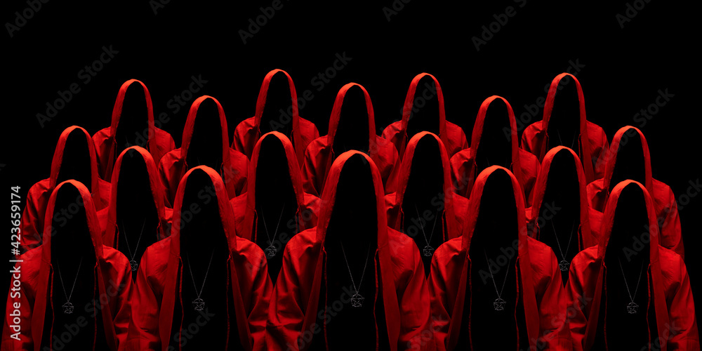 People dressed in a red robes looking like a cult members on a dark background. No face. Occult, sect concept.  - obrazy, fototapety, plakaty 
