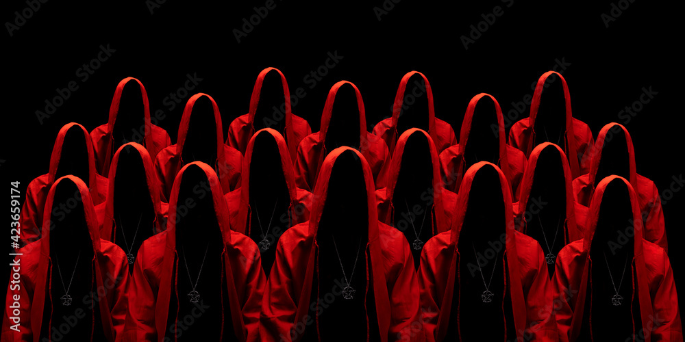 People Dressed In A Red Robes Looking Like A Cult Members On A Dark 
