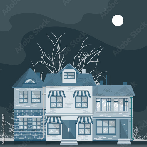 House on the outskirts. Night, the moon, silhouettes of trees and bushes. Blue color palette. Vector illustration
