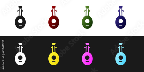 Set Musical instrument lute icon isolated on black and white background. Arabic, Oriental, Greek music instrument. Vector