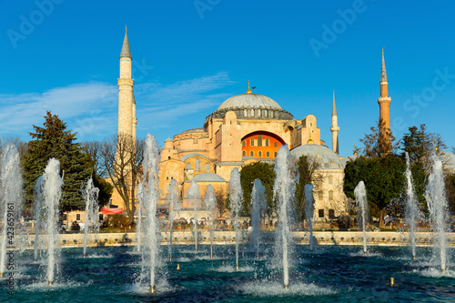 View of fountain and Hagia Sophia Mosque in the background at Turkey, Istanbul
