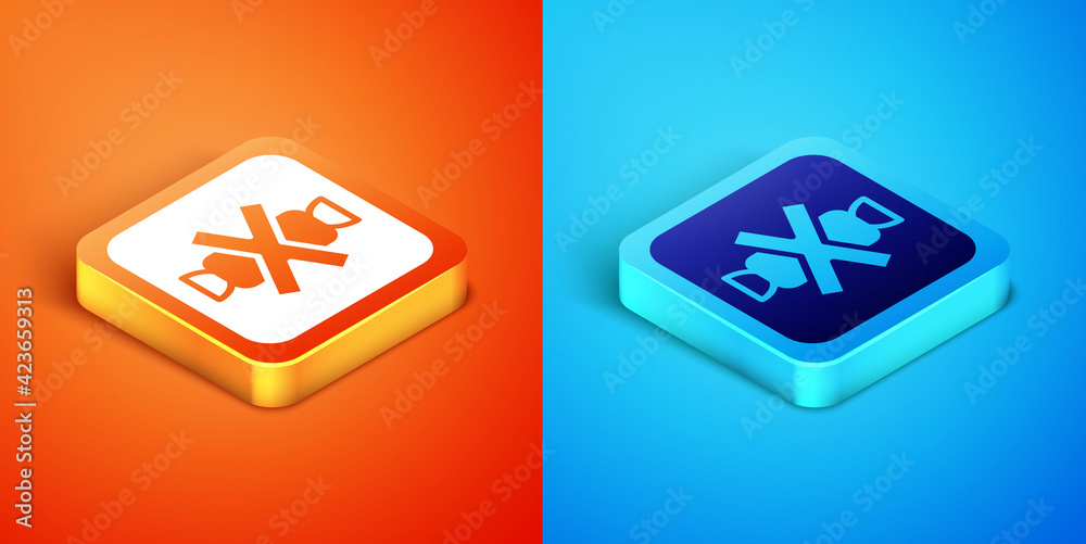 Isometric No sweets and candies prohibition icon isolated on orange and blue background. No candy forbidden symbol. Vector Isometric No sweets and candies prohibition icon isolated on orange and blue background. No candy forbidden symbol. Vector