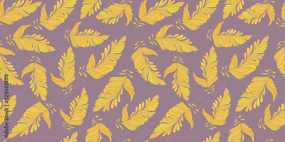 Modern abstract autumn falling leaves  endless wallpaper.Folk floral seamless pattern.Yellow leaves botanical background.Trendy fabric design,wrapping paper.Vector illustration.

