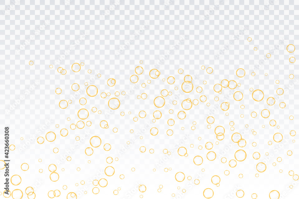 Golden air bubbles, oxygen, champagne crystal clear, isolated on a transparent background of modern design. Vector illustration of eps 10.