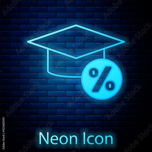 Glowing neon Graduation cap and coin icon isolated on brick wall background. Education and money. Concept of scholarship cost or loan, tuition or study fee. Vector