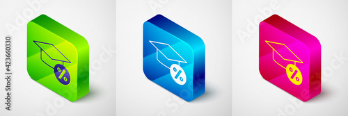 Isometric Graduation cap and coin icon isolated on grey background. Education and money. Concept of scholarship cost or loan, tuition or study fee. Square button. Vector