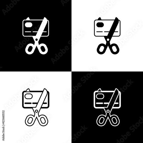 Set Scissors cutting a credit card icon isolated on black and white background. Online payment. Cash withdrawal. Financial operations. Shopping sign. Vector