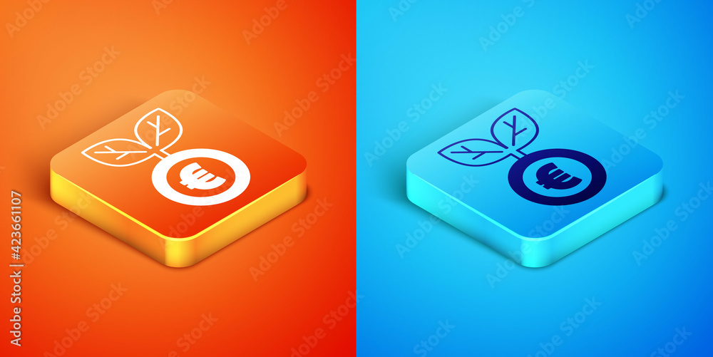Isometric Euro plant icon isolated on orange and blue background. Business investment growth concept. Money savings and investment. Vector Isometric Euro plant icon isolated on orange and blue background. Business investment growth concept. Money savings and investment. Vector