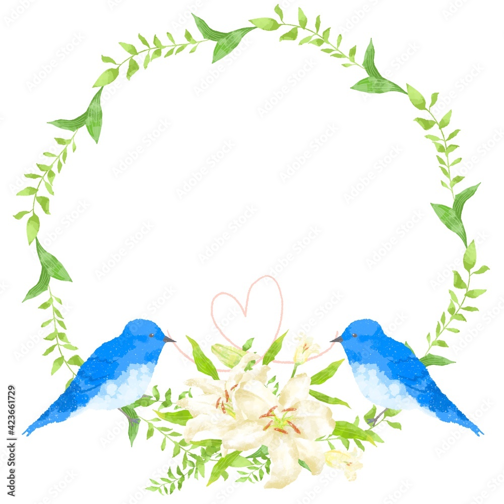 優しいタッチの幸せを運ぶ青い鳥のカップルとカサブランカのフレーム