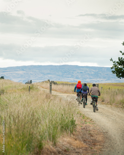 Three people cycling the Otago Central Rail Trail in the countryside, South Island. Vertical format.