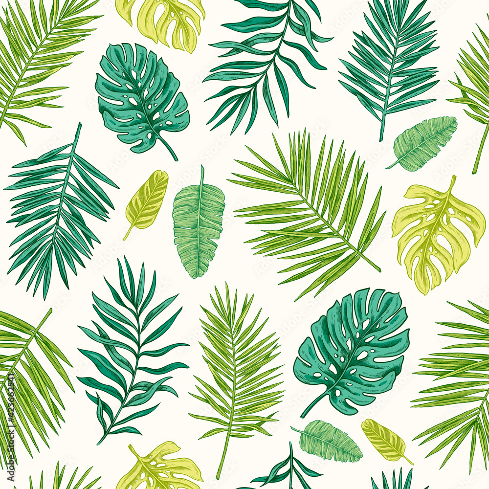 Seamless pattern with green tropical leaves and plants. Vector Hand Drawn Sketch Botanical Illustration. Palm leaves. Exotic. Vintage. Texture for fabric, wrapping paper, textile