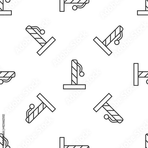 Grey line Cat scratching post with toy icon isolated seamless pattern on white background. Vector