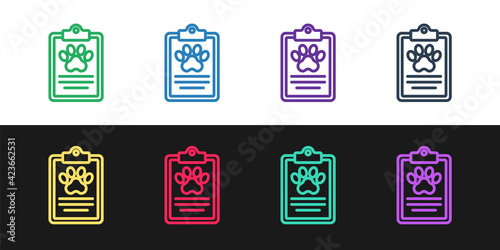 Set line Clipboard with medical clinical record pet icon isolated on black and white background. Health insurance form. Medical check marks report. Vector