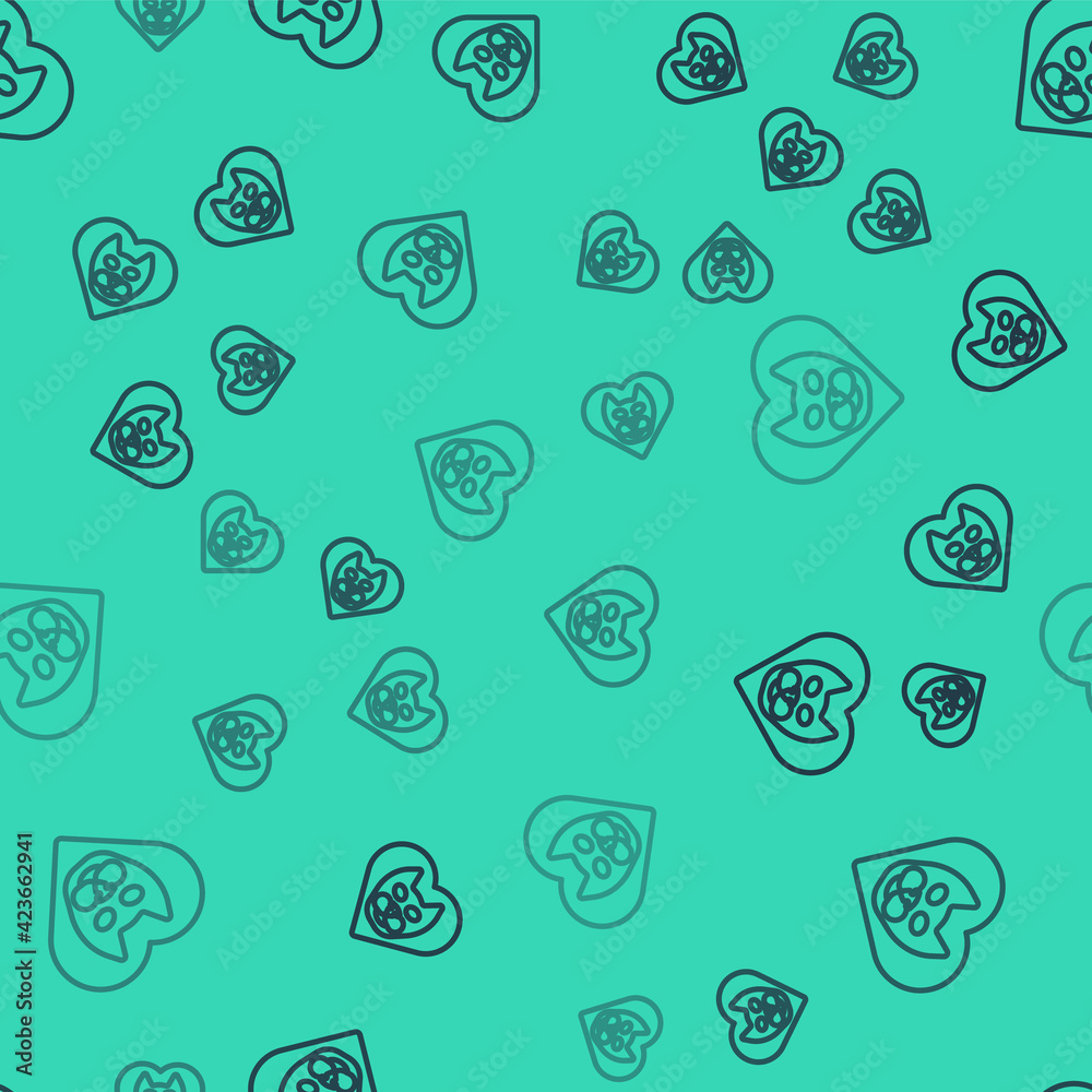 Black line Heart with cat icon isolated seamless pattern on green background. Love to the animals. Vector