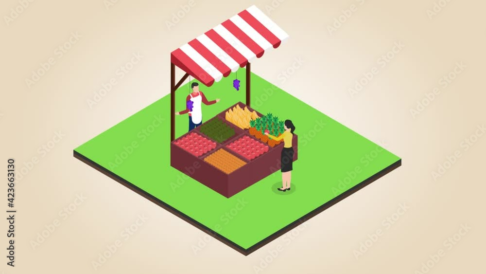 Woman buying fruits from vendors grocery stall