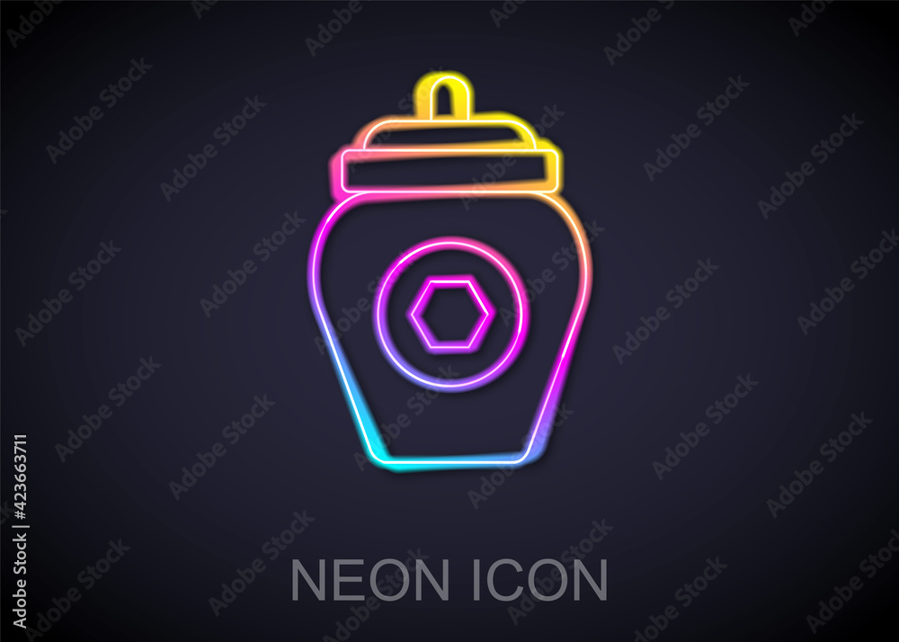 Glowing neon line Jar of honey icon isolated on black background. Food bank. Sweet natural food symbol. Vector Glowing neon line Jar of honey icon isolated on black background. Food bank. Sweet natural food symbol. Vector