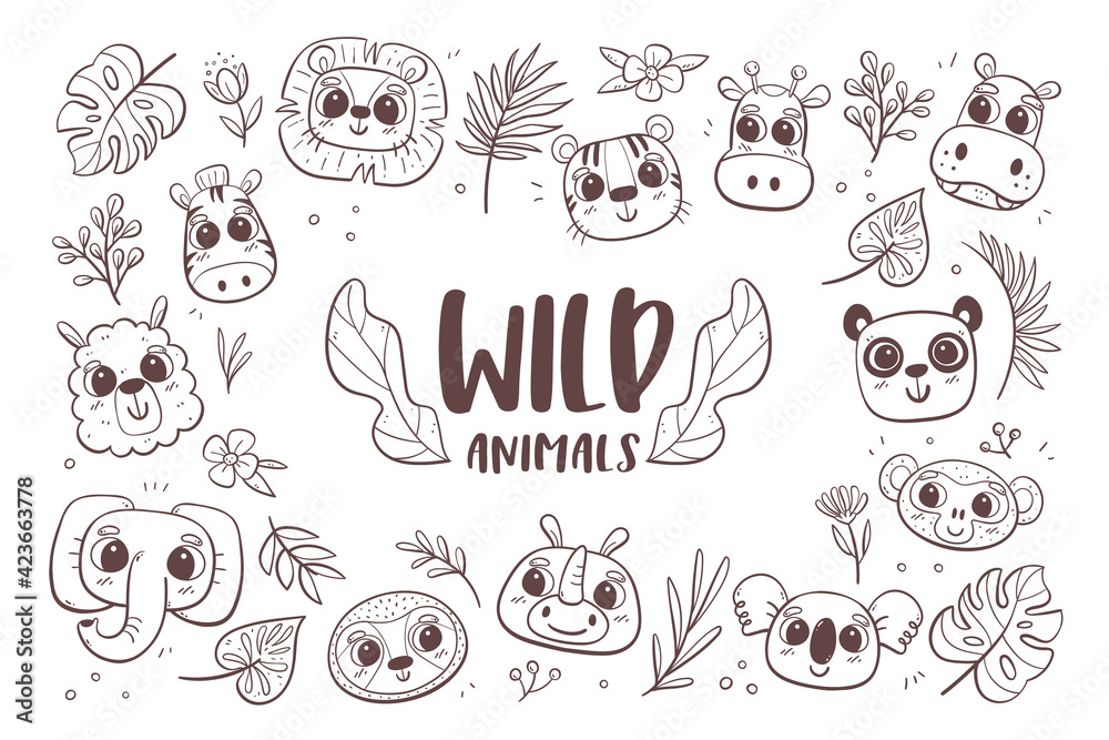 Fototapeta premium Animal doodle background. Wild animal heads with tropical plants and leaves. Perfect for coloring books and children's activities. Vector illustration.