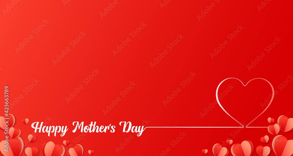 Happy Mothers Day line lettering with paper heart design. Web banner for Mother's Day inscription for Mom greeting card with beautiful red hearts. Vector illustration
