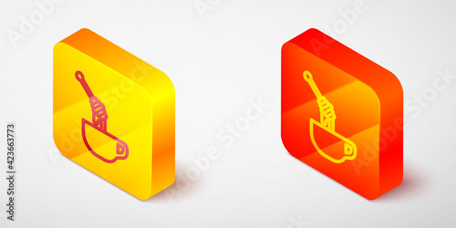 Isometric line Honey dipper stick with dripping honey icon isolated on grey background. Honey ladle. Yellow and orange square button. Vector