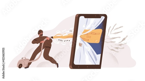 Hacker stealing information about bank card. Cyber fraud and phishing concept. Hacking of account with personal data, login and password. Colored flat vector illustration isolated on white background