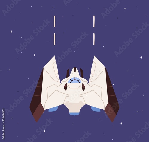 Futuristic spaceship with wings flying in outer space. Flight of spacecraft on sky background. Intergalactic cosmic shuttle. Colored flat cartoon vector illustration of UFO spaceflight in cosmos