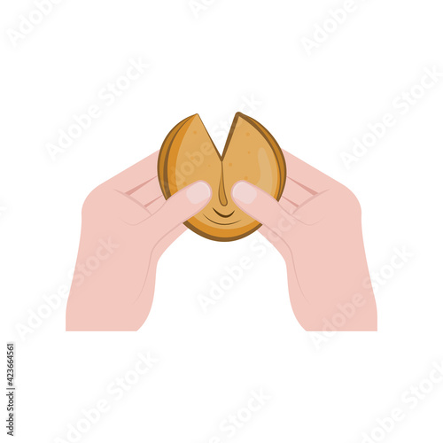 Hands are holding Chinese fortune cookies. Vector illustration.