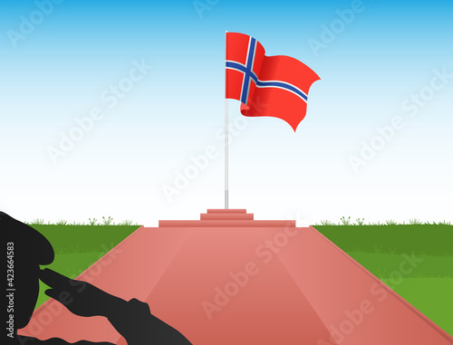 The Norwegian flag on a pole depicts a soldier saluting the flag