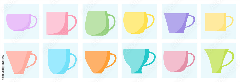Set of cups for coffee and tea, vector drawing in cartoon style. Icons for web screensavers. Set of cups for coffee and tea, vector drawing in cartoon style. Icons for web screensavers.