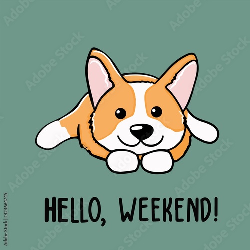 Postcard corgi dog with letter hello weekend Cute orange redhead welsh corgi vector cartoon sticker illustration isolated on colored background