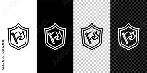 Set line Shield with flag icon isolated on black and white, transparent background. Victory, winning and conquer adversity concept. Vector