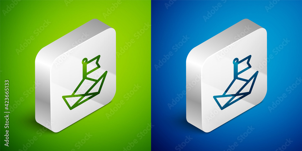 Isometric line Folded paper boat icon isolated on green and blue background. Origami paper ship. Silver square button. Vector Isometric line Folded paper boat icon isolated on green and blue background. Origami paper ship. Silver square button. Vector