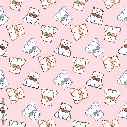 Seamless Pattern with Cartoon White Bear Design on Pink Background