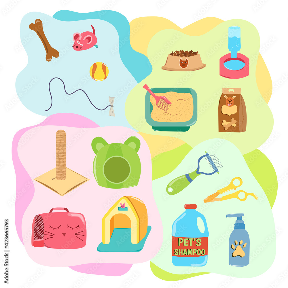 Pet care acessories set on colorful backgrounds. Collection of isolated pets elements. Various pet supplies. Flat isolated vector illustration.