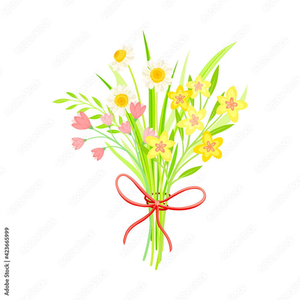 Blooming Flower Bunch Tied with Red Ribbon as Spring Vector Composition