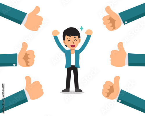 Vector cartoon happy businessman with many thumbs up hands for design.