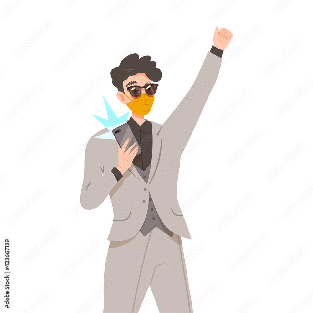 Young Man in Face Mask with Smartphone Raising His Hand Up Supporting Street Protest Against Human Rights Violation Vector Illustration Young Man in Face Mask with Smartphone Raising His Hand Up Supporting Street Protest Against Human Rights Violation Vector Illustration