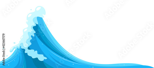 Curling water surge background. Tsunami wave in cartoon style. Vector illustration in white background