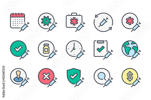 Vaccine and vaccination color line icon set. Healthcare, virus treatment and medical care linear icons. Syringe and needle colorful outline vector sign collection.