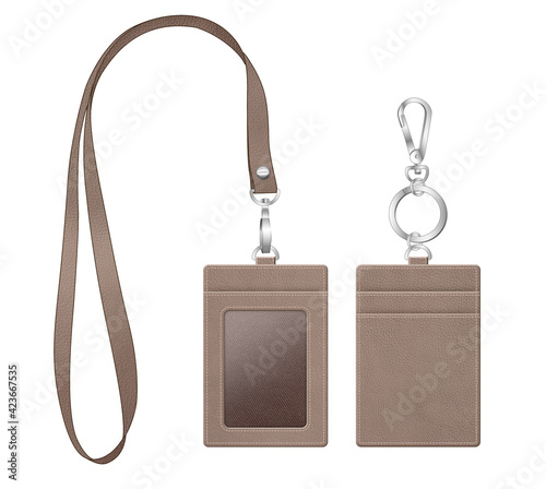 id card holder, business card case with neck strap, mockup with leather texture photo