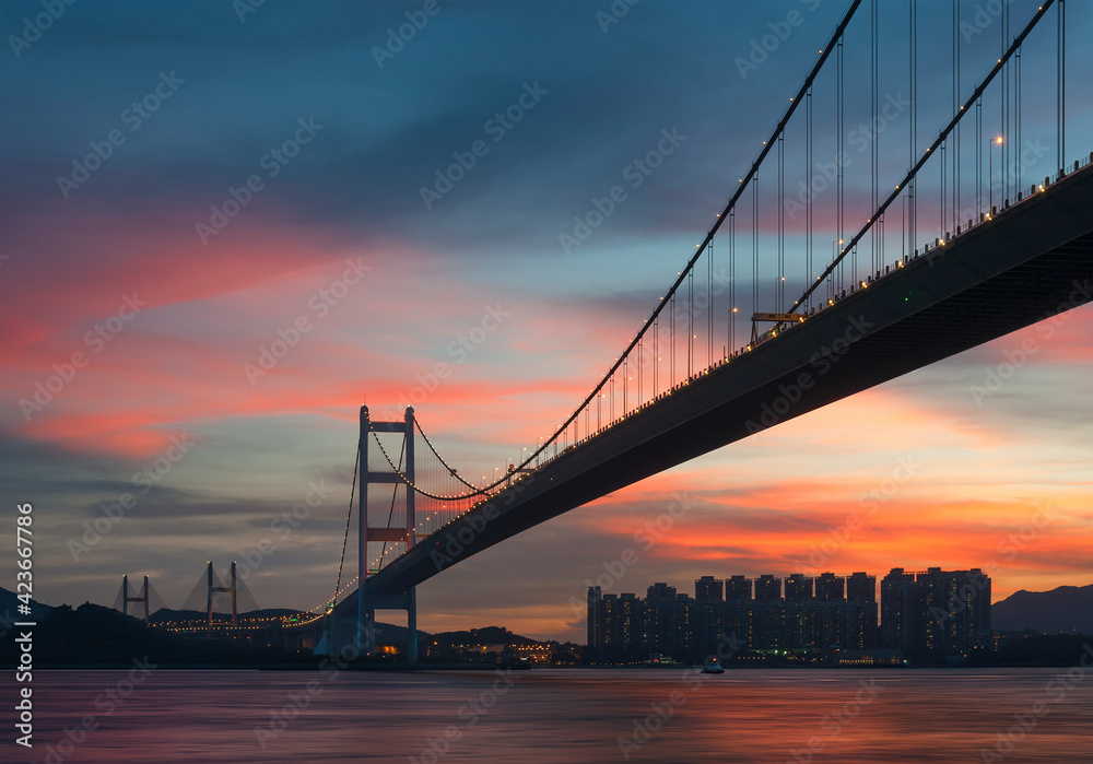 Tsing Ma bridge in Hiong Kong under sunset