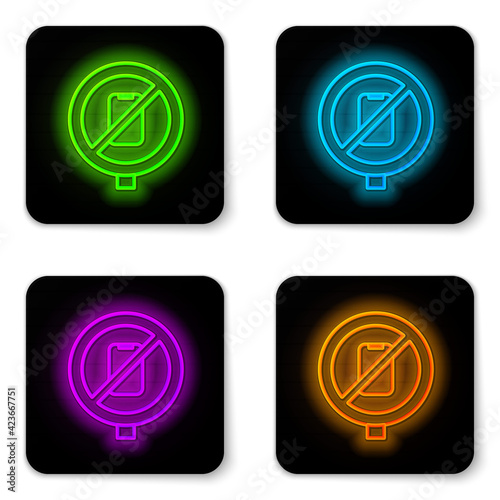 Glowing neon line No cell phone icon isolated on white background. No talking and calling sign. Cell prohibition. Black square button. Vector