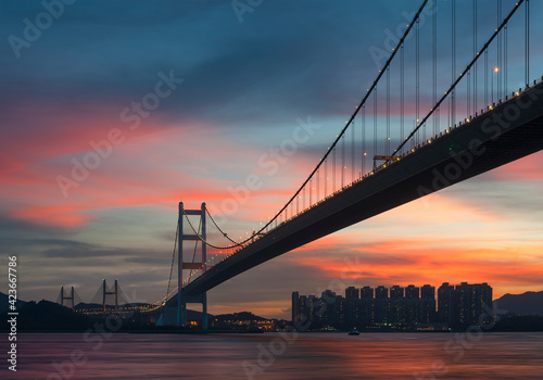 Fototapeta Naklejka Na Ścianę i Meble -  Tsing Ma bridge in Hiong Kong under sunset