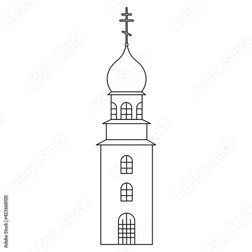 Church tower. Sketch. Temple with a dome decorated with a cross. Vector illustration. Coloring book for children. Outline on white isolated background. Doodle style. Light Easter. Religious motives. 