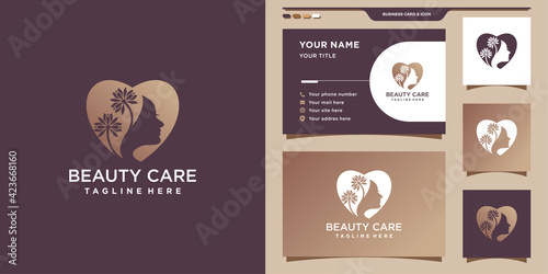 Beauty care logo design template with love concept and business card. Logo design for salon, skincare, cosmetic, spa. Premium Vector